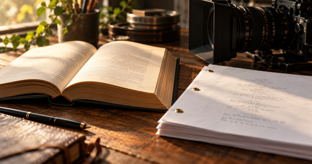 Open book beside screenplay pages and a cinema camera