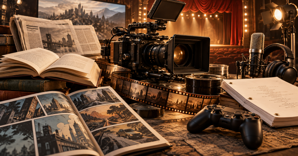 collage of books, comics, newspapers, a theater stage, podcast microphone, and game controller representing sources for film and TV adaptations