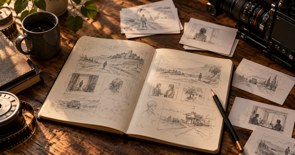 Open sketchbook and storyboard cards beside a cinema camera on a wooden desk