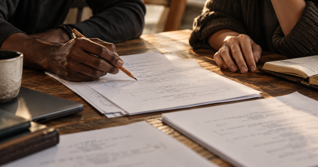 two collaborators reviewing screenplay pages and handwritten revision notes